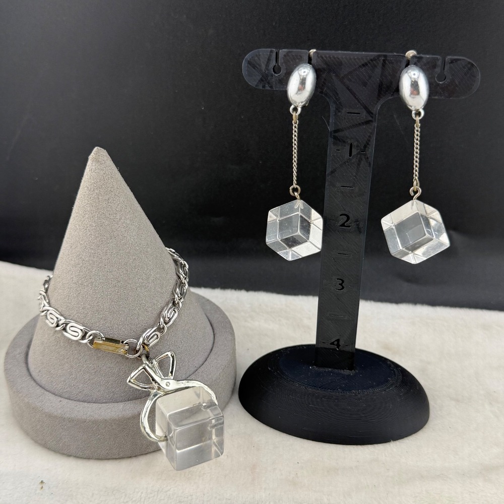 Vintage Bracelet Clip On‎ Earrings Set Ice Cube Silver Tone Lucite